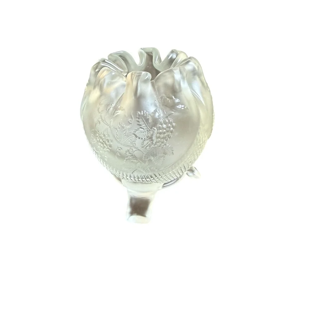 Fenton Glass Rose Bowl Vase Satin Clear Frosted Grape Pattern Footed Decor
